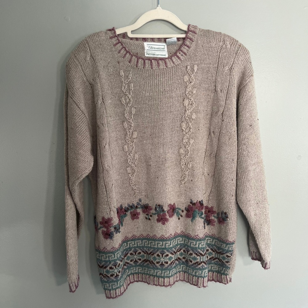 Vintage Shenanigans Floral Embroidered Cable Knit Sweater Tan Mauve‎ Large 90s